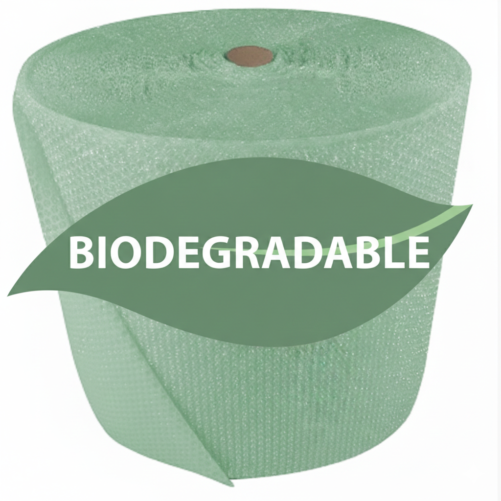 Green biodegradable material roll with a leaf graphic and 'BIODEGRADABLE' text on a white background